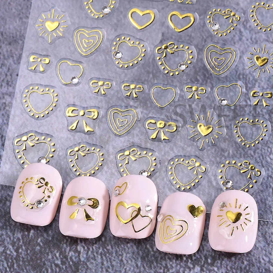 Gouden Valentijnsdag Strass Nagelsticker 3D Bronzing Liefde Hart Sleutelhanger Strik Gem Sieraden DIY Y2K Holografische Nageldecoratie