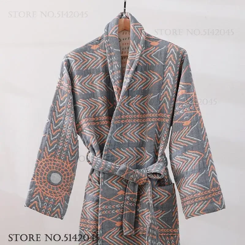 

Ethnic Style Cotton Kimono Bathrobe Gown Sleepwear Spring Autumn Couple Robe Negligee Homewear Loose Casual Nightwear Loungewear
