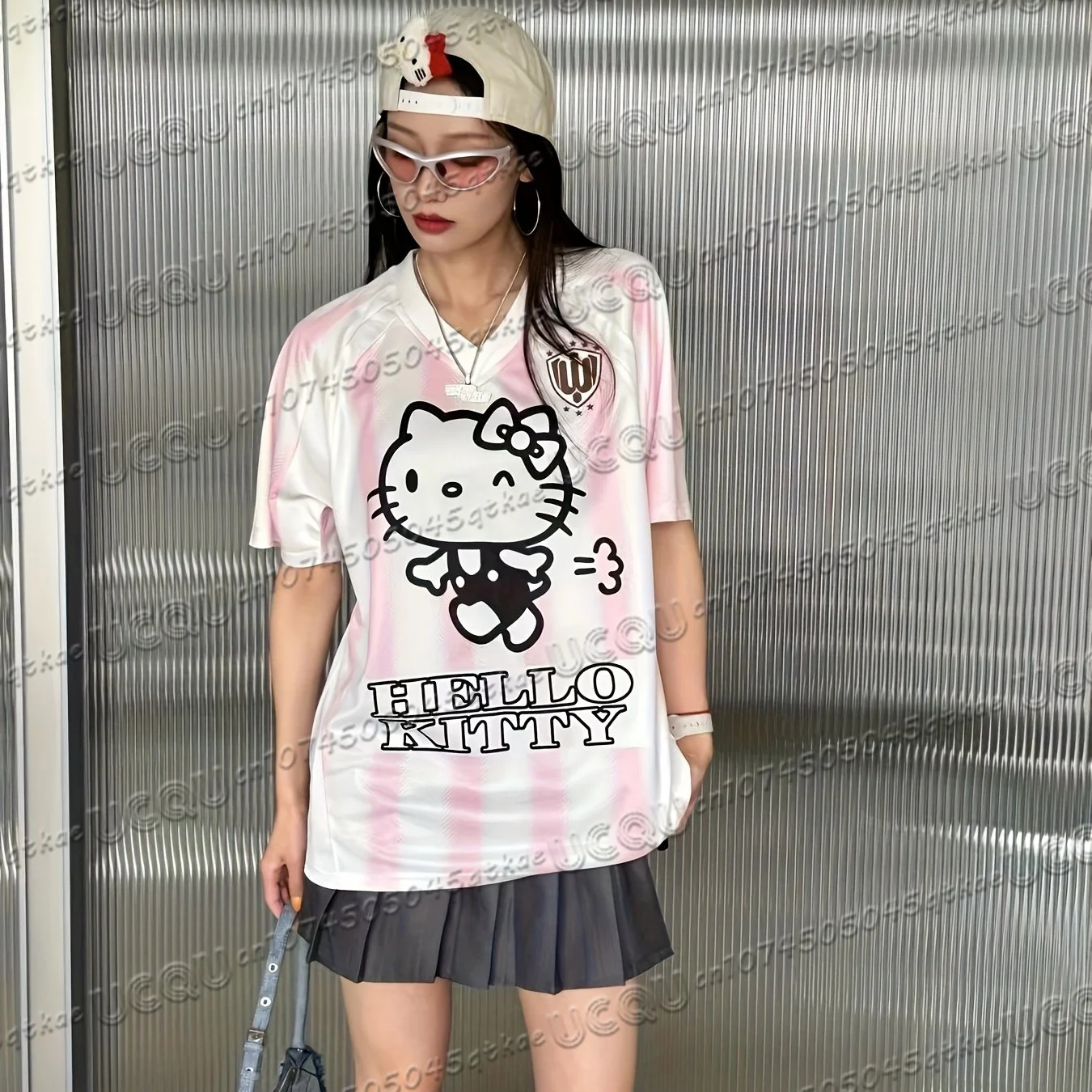 New Hello Kitty Basketball Sports T-shirt Summer Women's Fashion StreetWear V-neck Loose 3D Printed Short Sleeve Y2K Casual Top