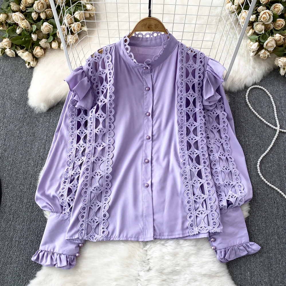 Spring Autumn French Shirt Women Stand-up Collar Single-breasted Lace Splicing Blouse Casual Fashion Hollowed Out Top