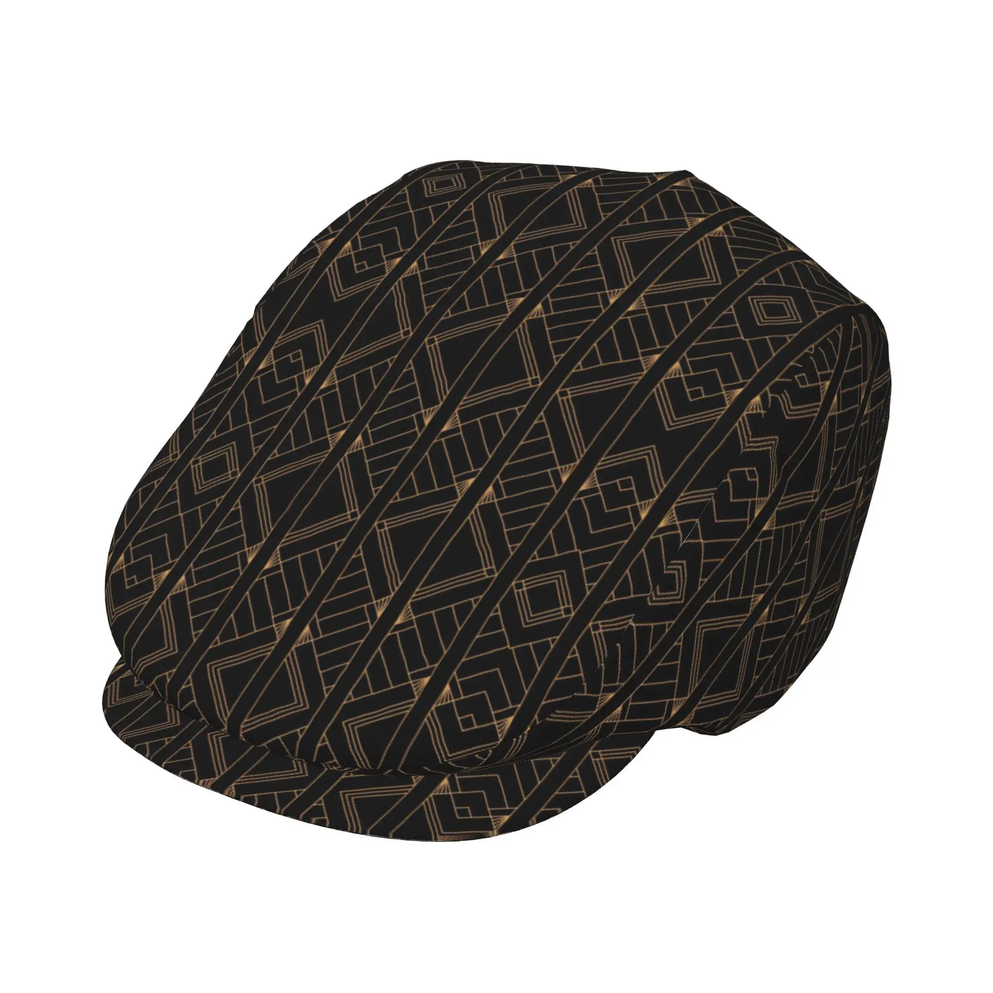 1pc Black Golden Art Deco Geometry Fully Printed Men And Women Adjustable Flat Cap Newsboy Beret Ivy Cap Irish Cabbie Forward Ca