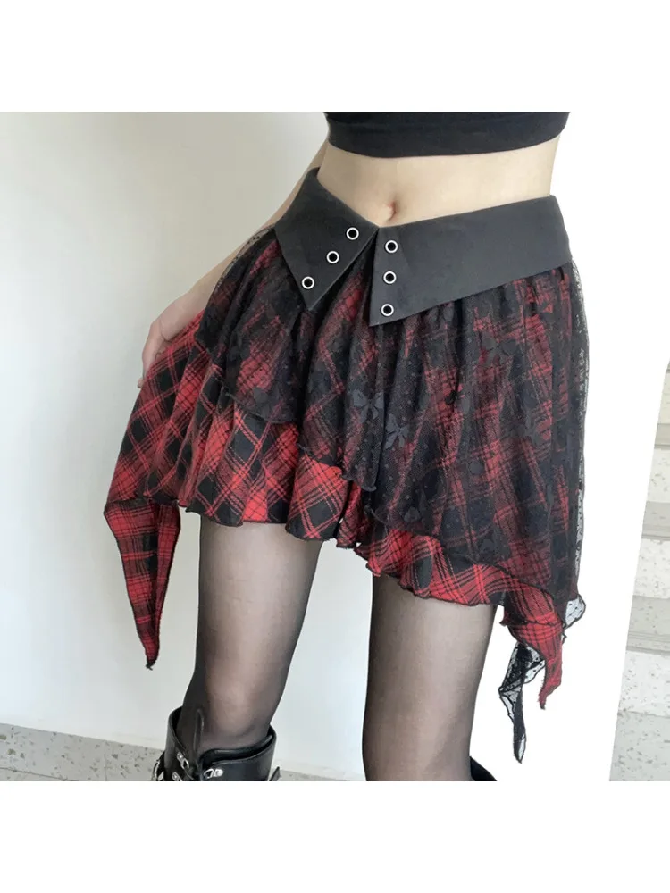 Retro Mall Gothic Dark Check Printed Skirt, Harajuku, Vintage Street Irregular Flanging Y2K, Sexy Mini Skirts, Autumn, New, 2021