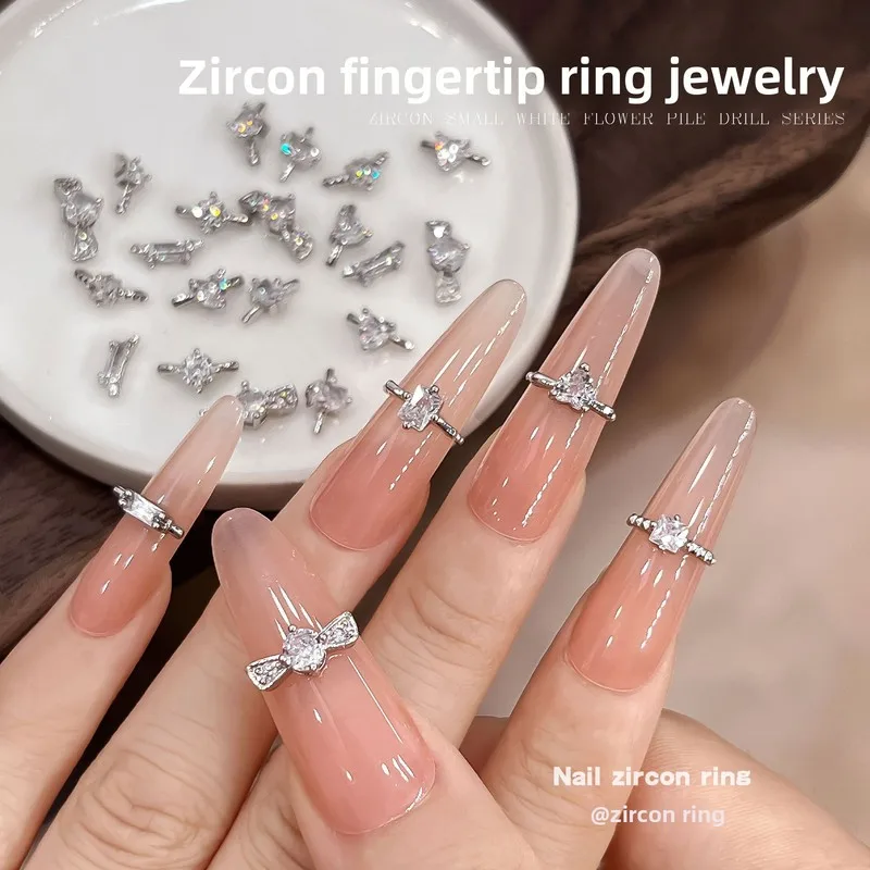 3pcs Zircon Finger Tip Nail Rings Luxury Rhinestone Nail Charms Heart Round Finished Nail Studs DIY Manicure Nail Art Decor