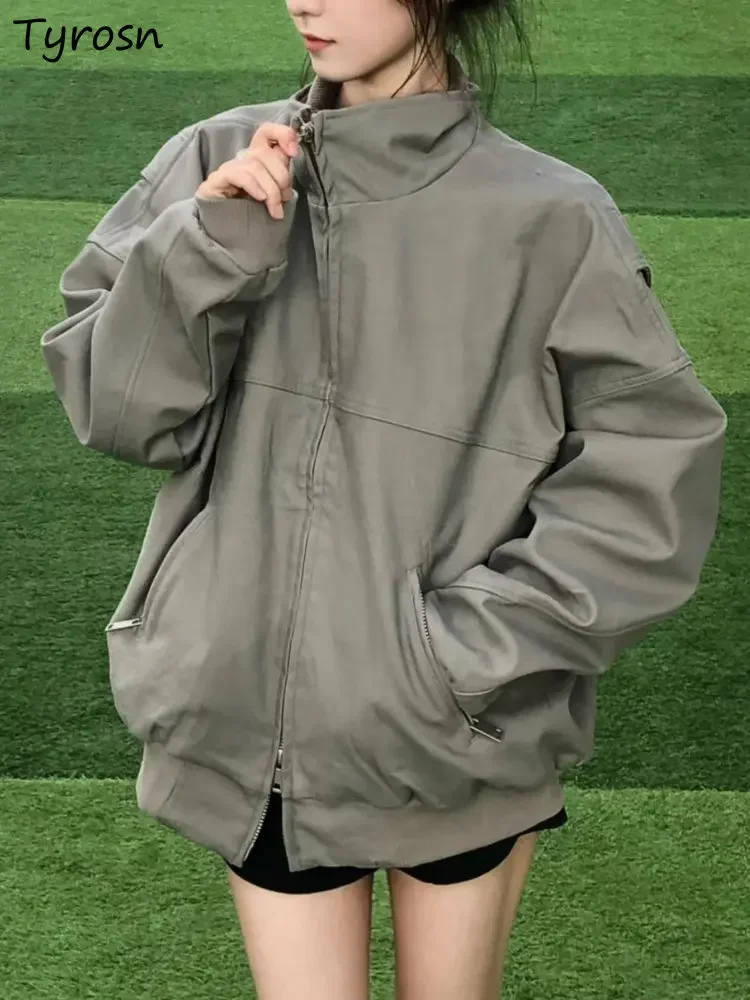 

Jackets Women Minimalist Pure Loose Fashion Basic All-match Korean Style Stand Collar Personality Unisex Retro Autumn Causal New