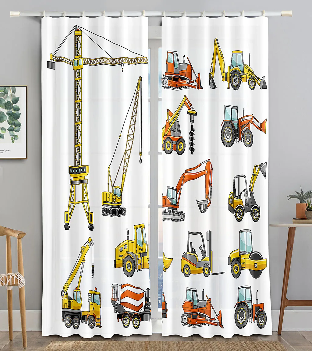 Cartoon Curtains Blinds for Boys Room Kitchen Windows, Ready-made Treatment, Excavator, Bulldozer, Truck, Excavator, Long, Blind