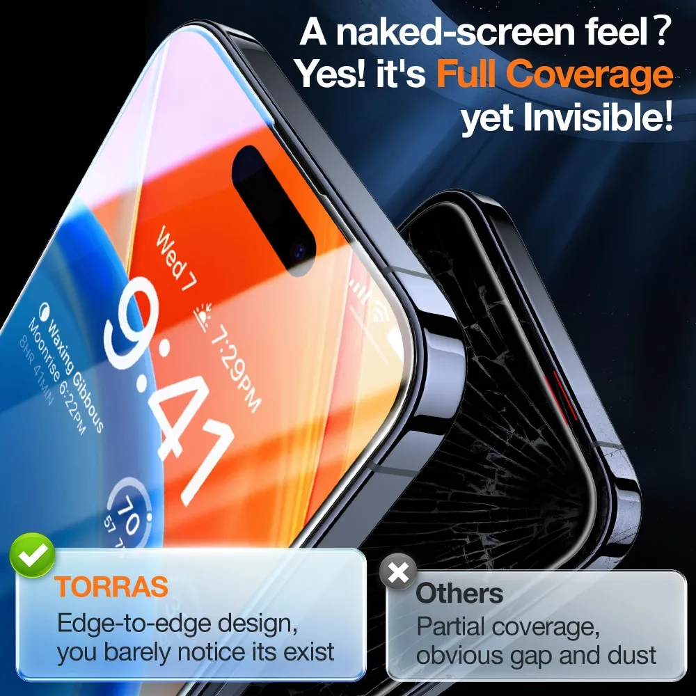 TORRAS Premium Screen Protector for iPhone 15 14 13 Pro Max Tempered Glass Easy Installation Automatic Dust Removal