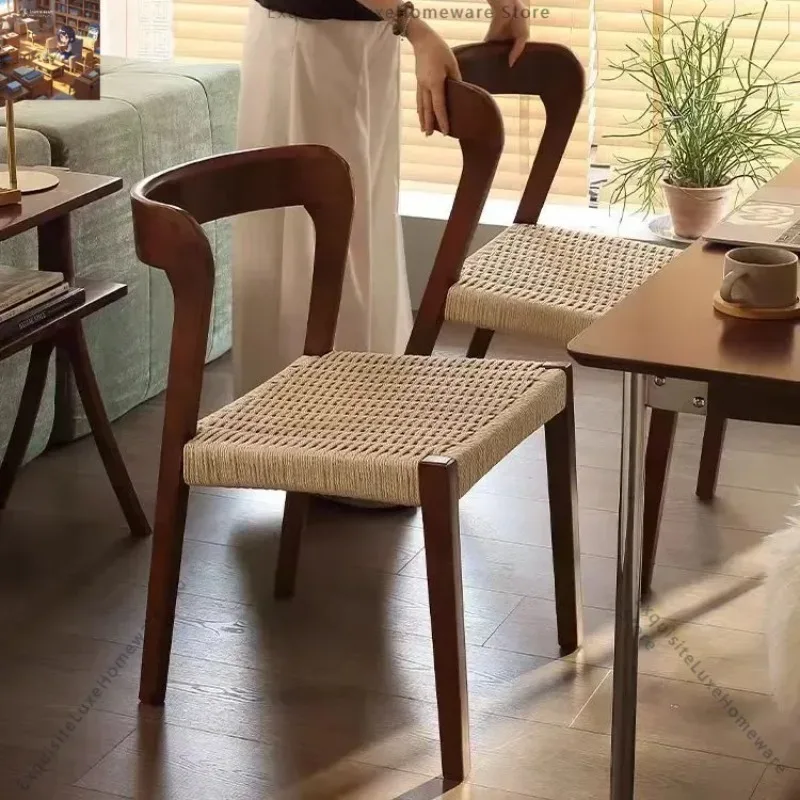 Nordic solid wood dining chair rope weaving household backrest modern simple book desk chair small apa