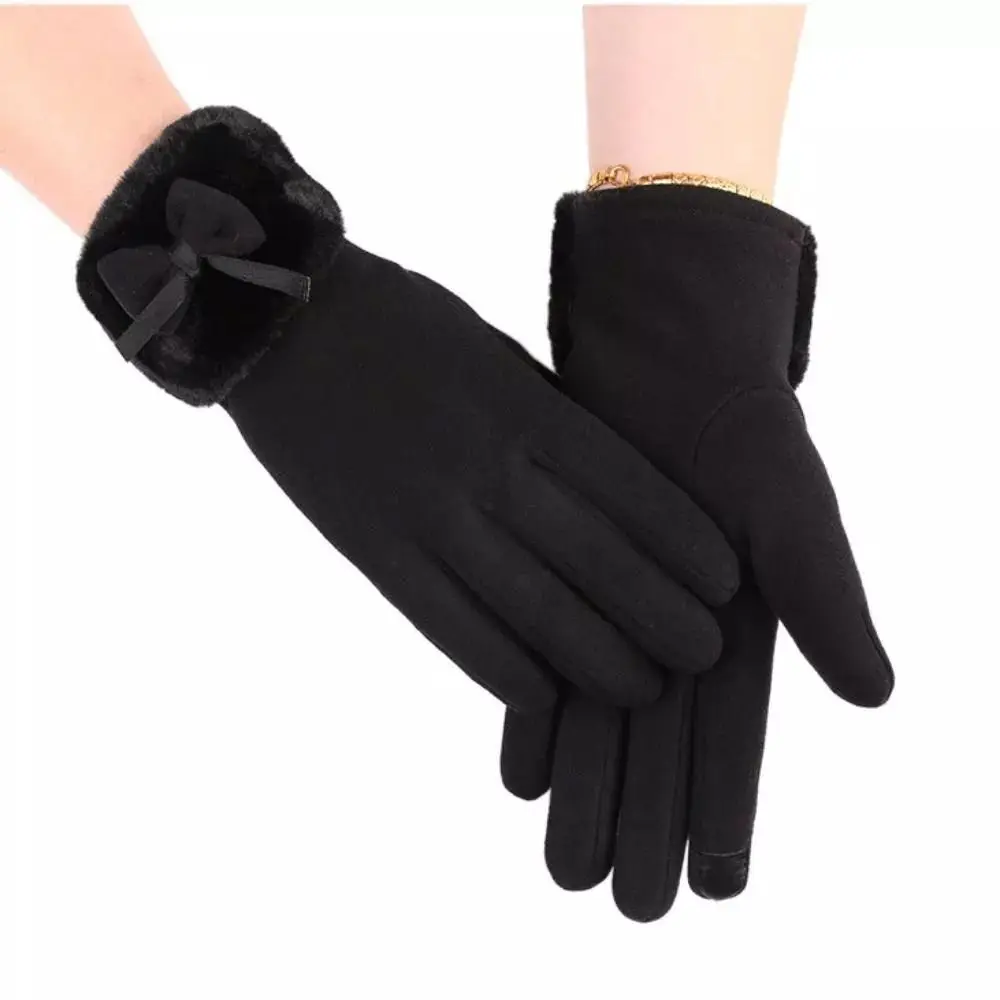 Fashion Plush Warm Gloves Bowtie Thickened Winter Gloves All Finger Daily Driving Mittens for Outdoor