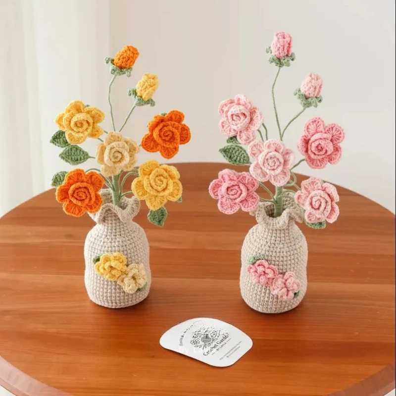 Creative Hand-crocheted 5-head Roses Chefeier Imitation Flower Desktop Decoration Creative Gift Finished Product Home Decoration
