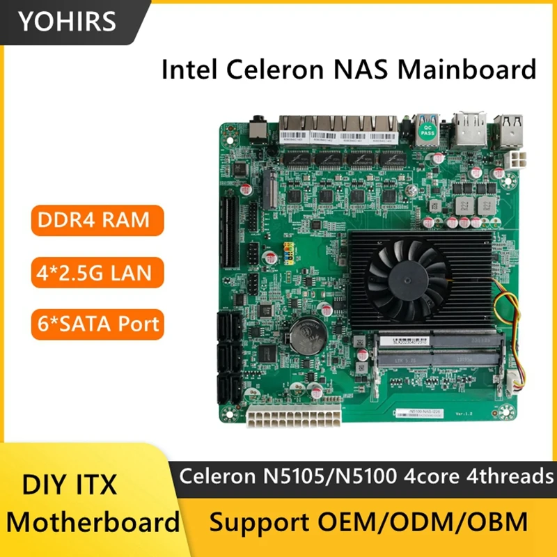 Yohirs 4x2.5G Lan NASเมนบอร์ดIntel N5105 N5100 Mini ItxอุตสาหกรรมPC 6xSATA3.0 PCIe 17X17 ซม.เมนบอร์ดเส้นทางนุ่ม 2 * DDR4