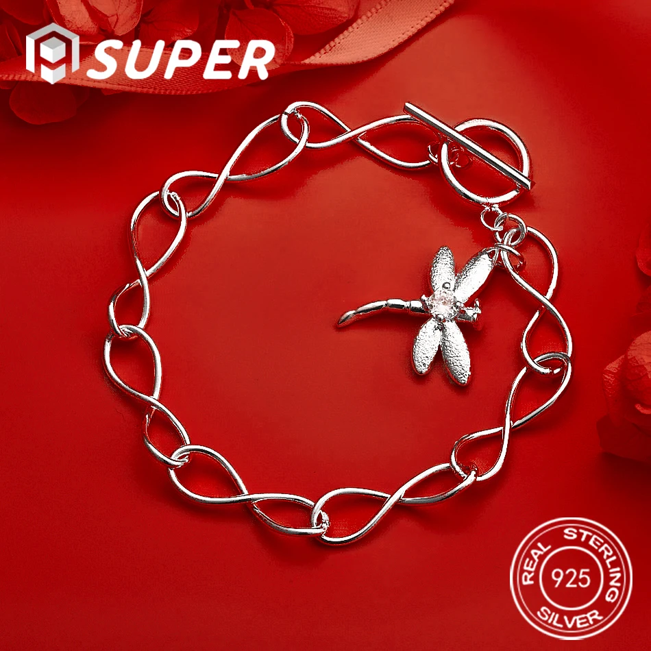 

ALISuper 925 Sterling Silver 8-inch Delicate Dragonfly Bracelet, Stylish Engagement Gift for Women