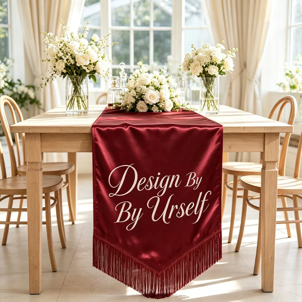 Custom Satin Table Covers Wedding Sign with Fringe, Tablecloth Wedding Sign, for Valentine's Day, Birthday, Halloween, Christmas