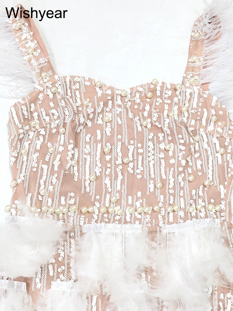 Nowa elegancka luksusowa perłowa sukienka z piórami Bodycon Midi sukienka seksowna impreza w klubie nocnym gość weselny wieczór kobiety odzież urodzinowa — zdjęcie 7