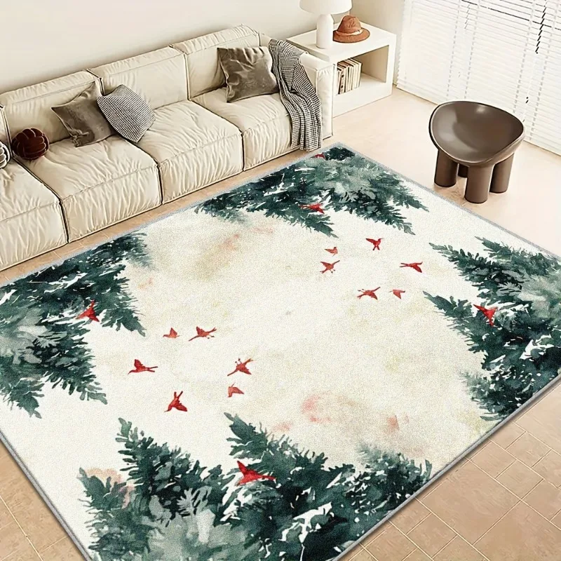 Chinese Style Green Foliage Red Bird Area Rug Ink Wash Art Carpet Decor Floor Rug for Living Room Bedroom Study Apartment Gift