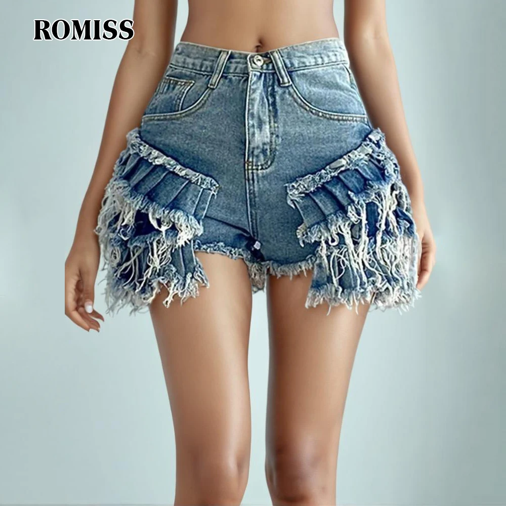 

ROMISS Patch Pocket Casual Denim Shorts Lady High -Waisted Stitching Button Solid Color Woolen Temperament Short Pants New Style