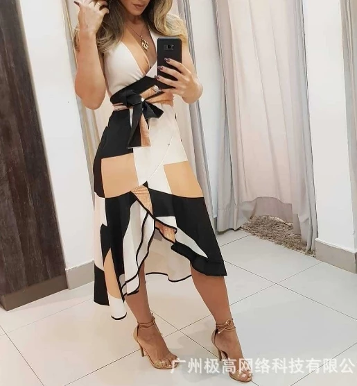 

2024 New Elegant Color Blocking Printed Dress Print Positioned with Belt Women's Summer Casual Temperament Dress