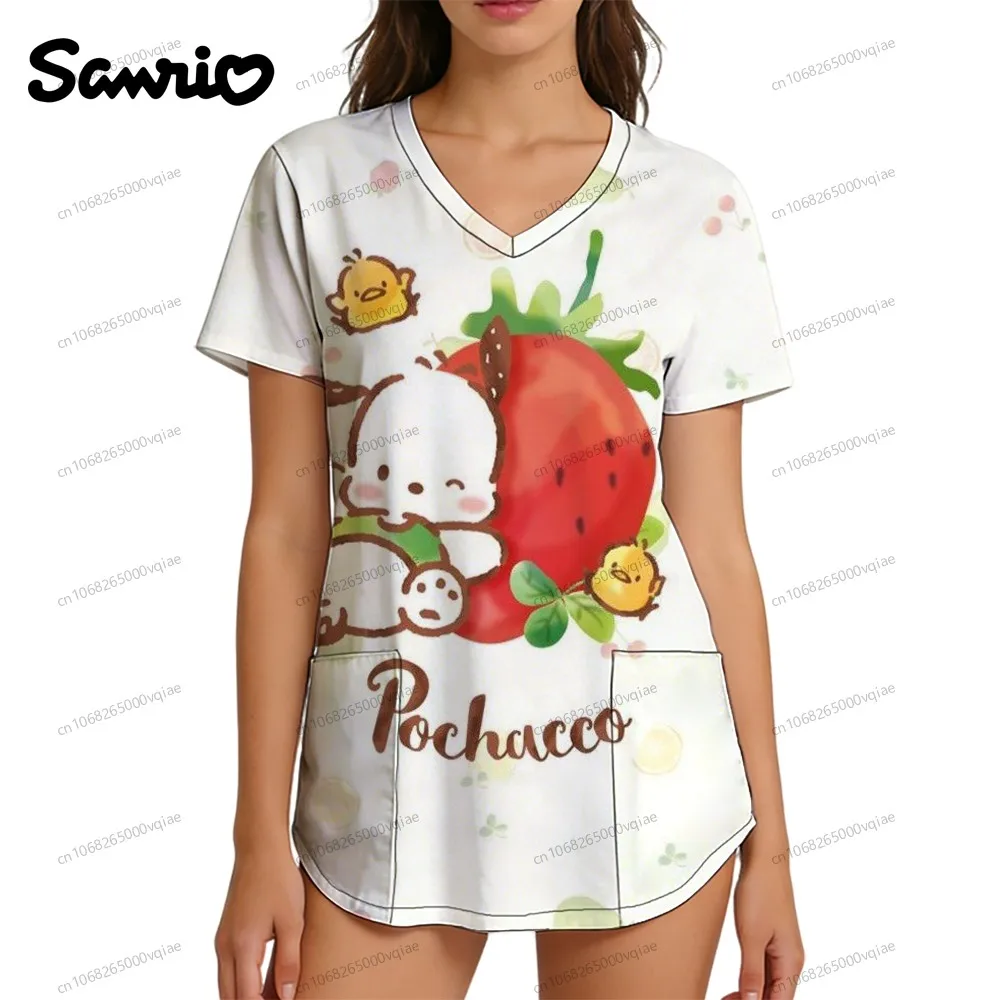 

Pochacco Summer 2026 New 3D Print Women's T-shirt Nurse Uniform V Neck T Shirt Kawaii Pocket Y2k Clothes Trend S-2XL Fashion
