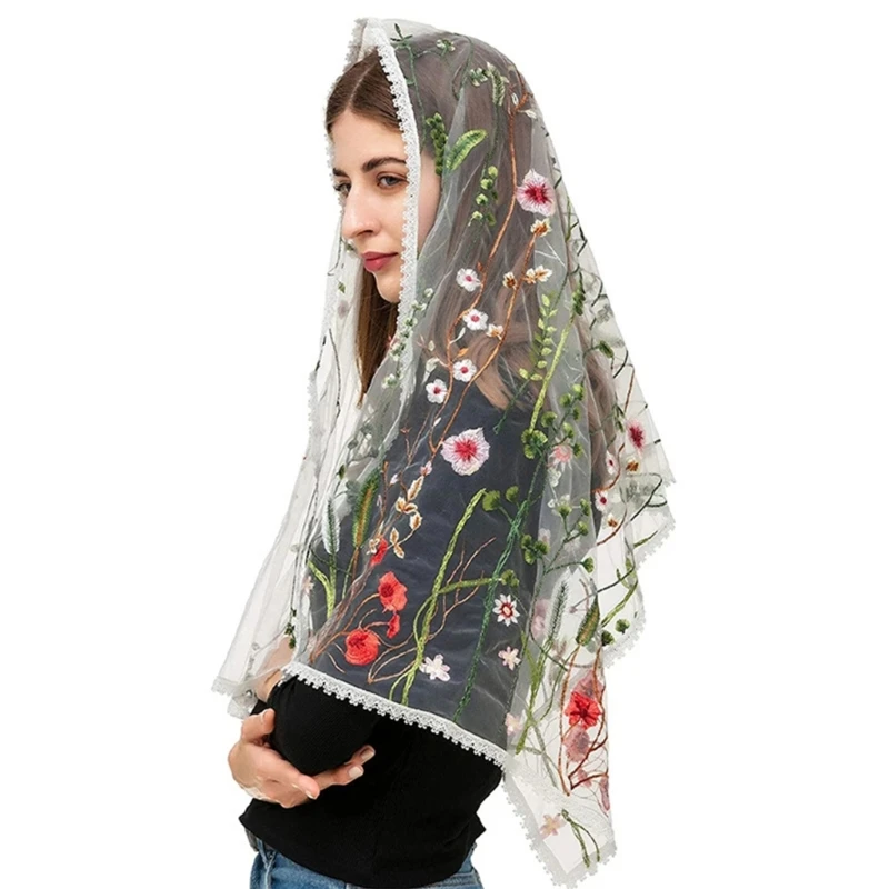 MXMB Bloemen sjaal Geborduurde bloemensjaal Hoofddoek Tudung Hijab Hoofdbedekking Sjaal Kerk Sjaal Wraps voor vrouwen