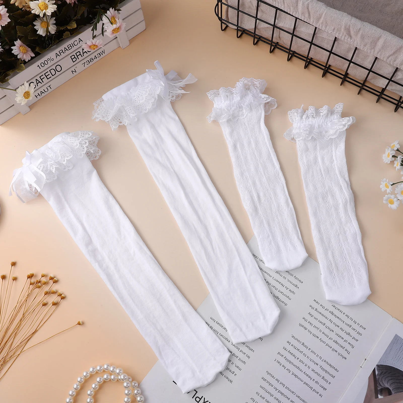 

White Long For Women Frilly Lace Bow Stockings High Elasticity Breathable Ruffle For Fashion Cute Bow Socks Sport