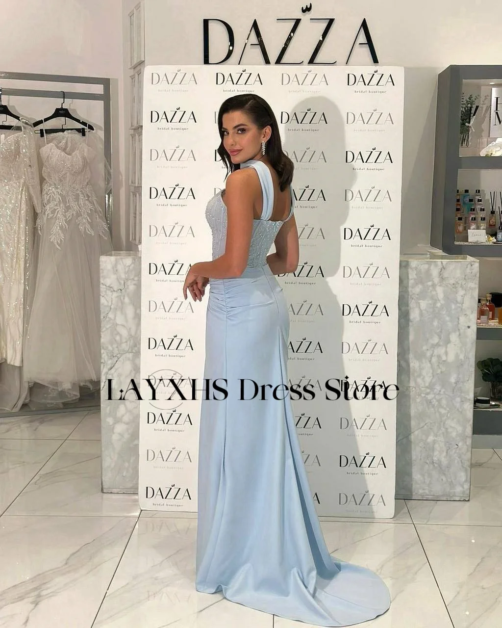 فساتين سهرة أنيقة بحورية البحر من LAYXHS باللون الأزرق بدون حمالات مطرزة بشق مطوي فساتين لحضور الحفلات الموسيقية حسب الطلب