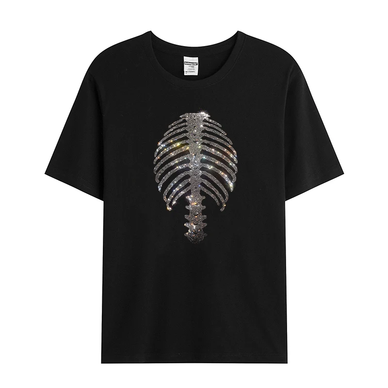 

The design of the men's summer ice silk cotton casual T-shirt and the fashionable and shiny Rhinestone X-ray chest film