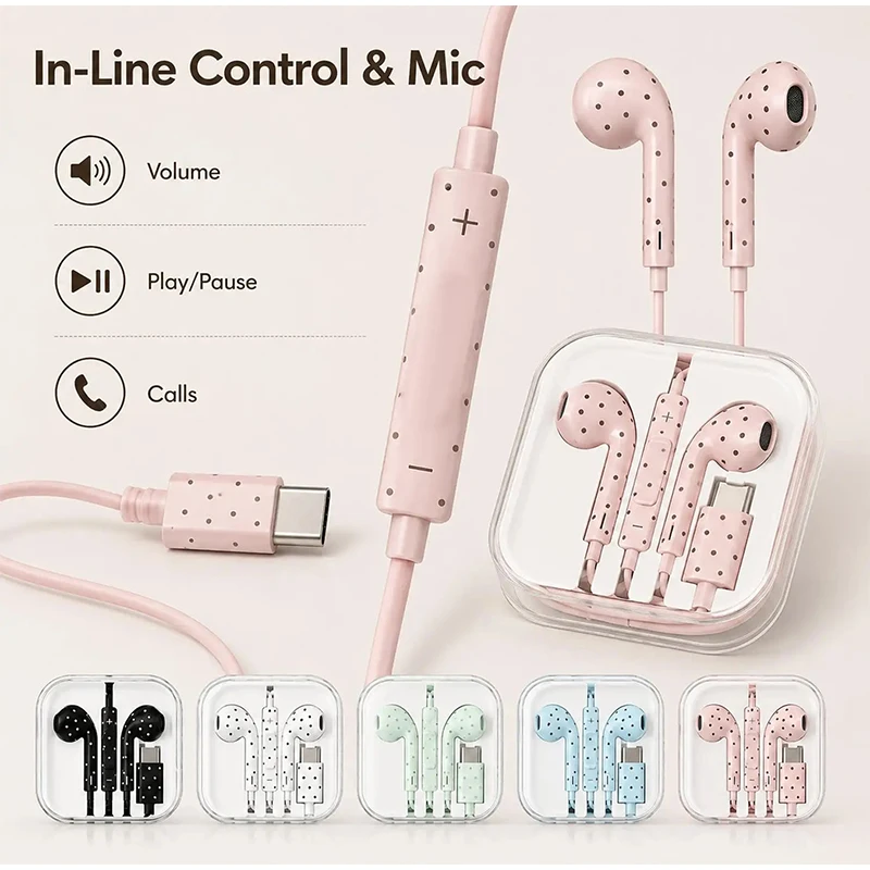 Type C Earphones Polka Dot Star Pattern In-Ear Wired Earbuds with Mic and Volume Control HiFi Headset for Mi iPhone Samsung