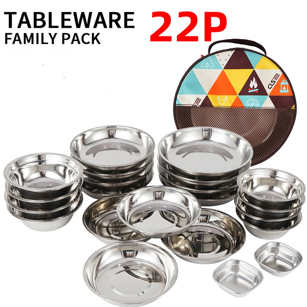 17/22Pcs Set Camping Stainless Steel Dinner Dish Plate Durable Outdoor Picnic Tableware Salad Bowl Food Container Picnic Travel