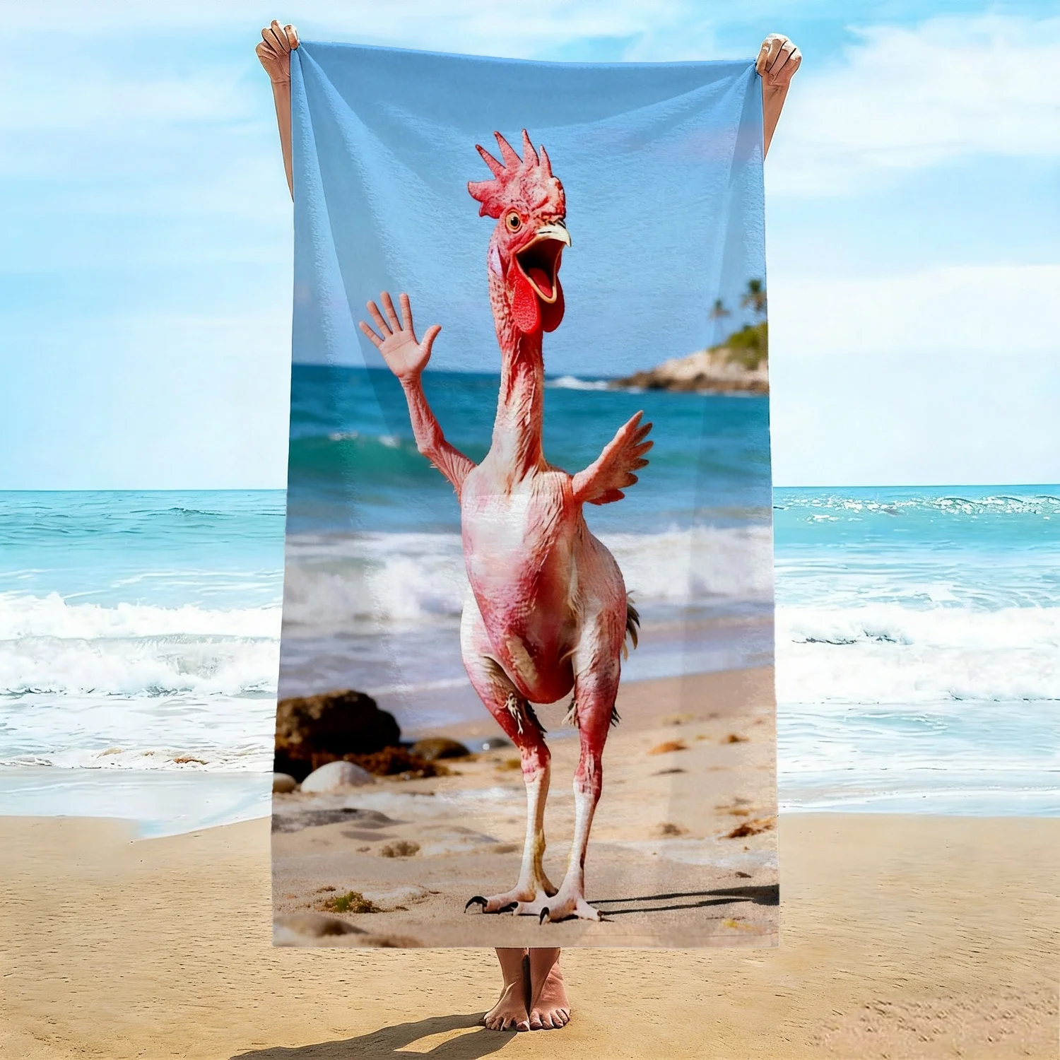 Funny Naked Chicken Beach Towel, Waving Featherless Chicken Print Oversized Bath Towel, Soft Quick Dry Humorous Beach Blanket