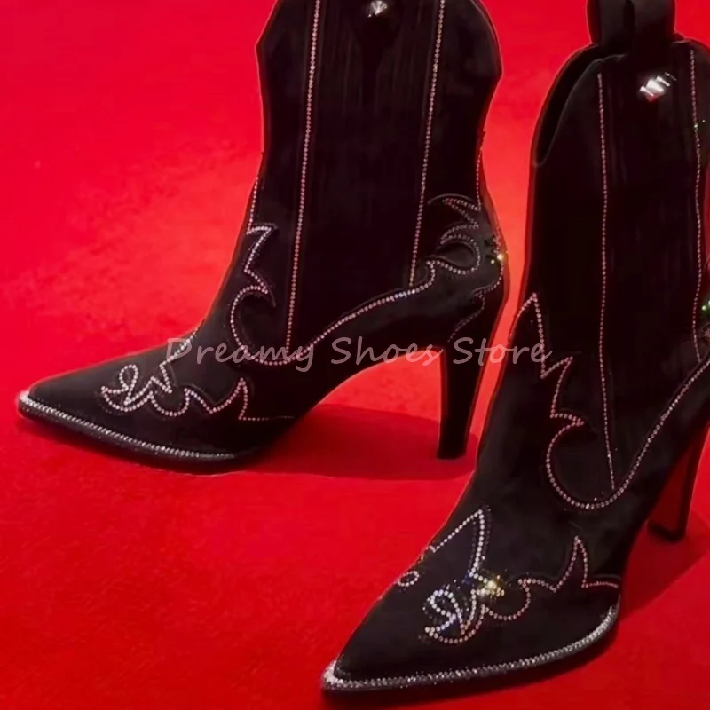

Shiny Rhinestone Embroider Stiletto Ankle Boots Women Black Suede Slip On Elastic Short Boots Fashion Retro Party Lady Footwear