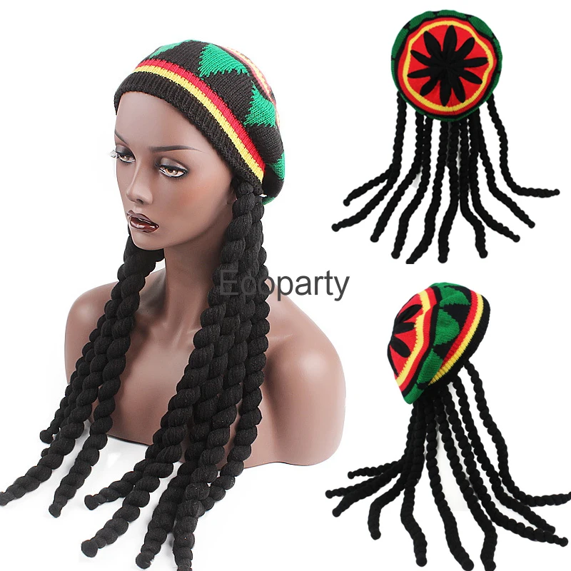 

Adult Hippie Cosplay Beret With Dreadlock Wig Jamaican Rasta Hat Bob Marley Caribbean Fancy Knitted Hat Christmas Gift For Women