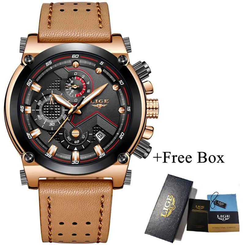 LIGE Mens Watches Fashion Sport Quartz WristWatch with Brown Leather Strap Chronograph Waterproof Auto Date Watch Men Clock Gift