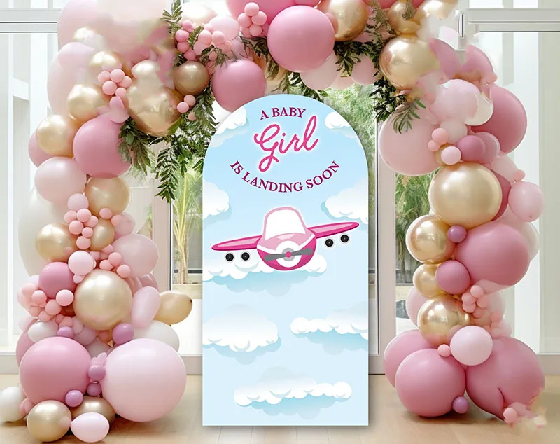 Mehofond Custom 2-Sided Plane Arriving Soon Airplane Girl Birthday Party Baby Shower Cover Chiara Arch Decor Backdrop Photo Stud