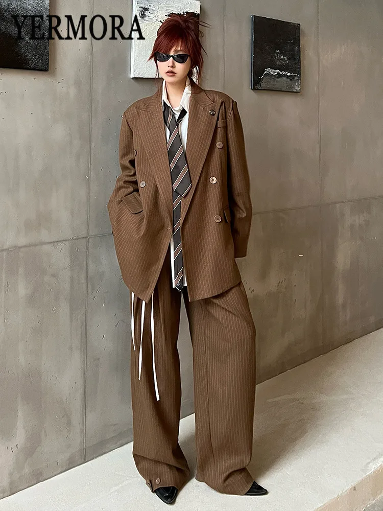 

Женский повседневный костюм YERMORA: коричневый полосатый блейзер на пуговицах с лацканами и длинными рукавами, свободные брюки с широкими штанинами, комплект из двух предметов, весна-осень 2026