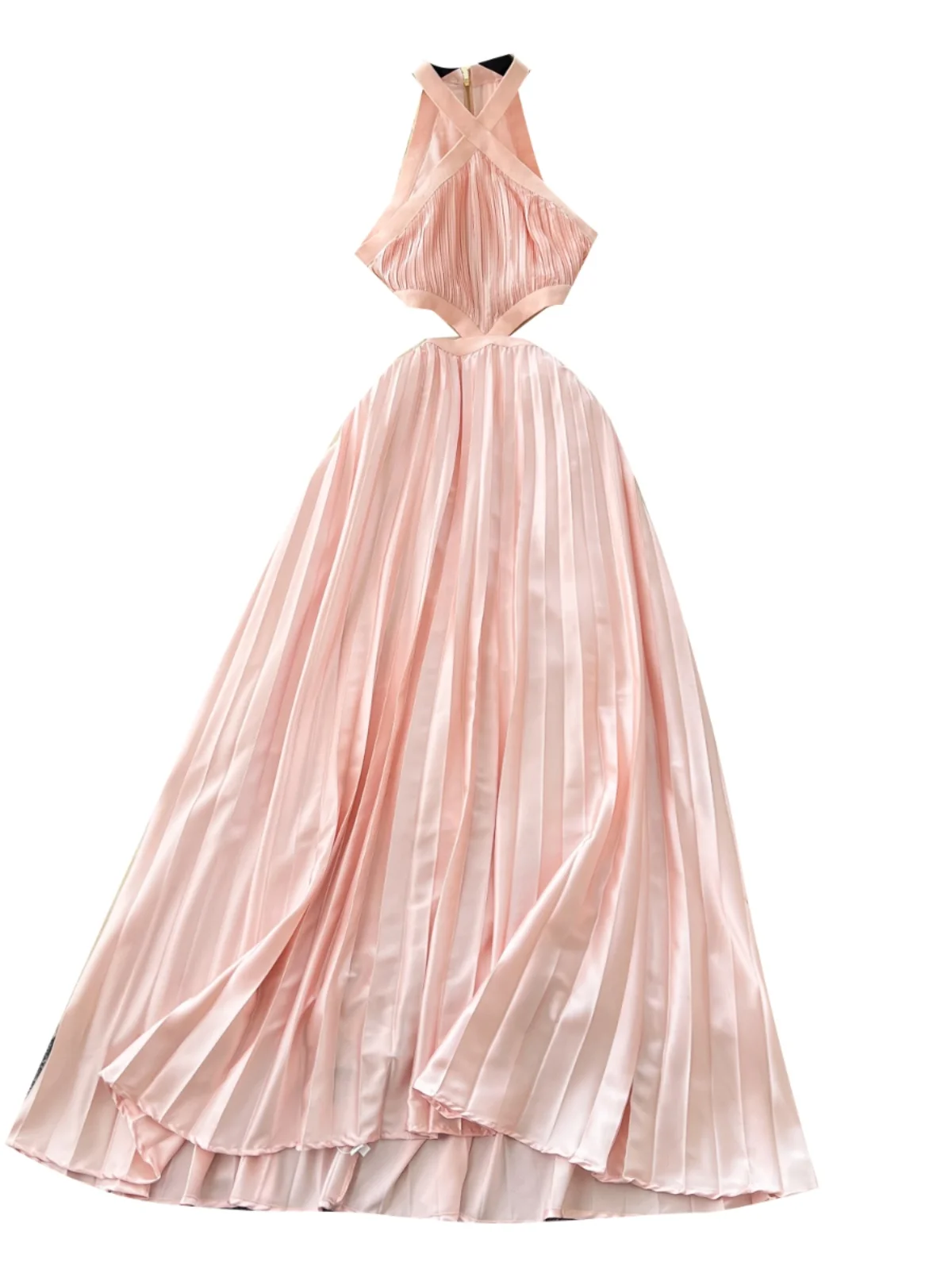 Ele Sexy Hollow out Waist Hanging Ne Svel Belted Satin Long Dr Women's Commute Korean Sle A-Line Skirt