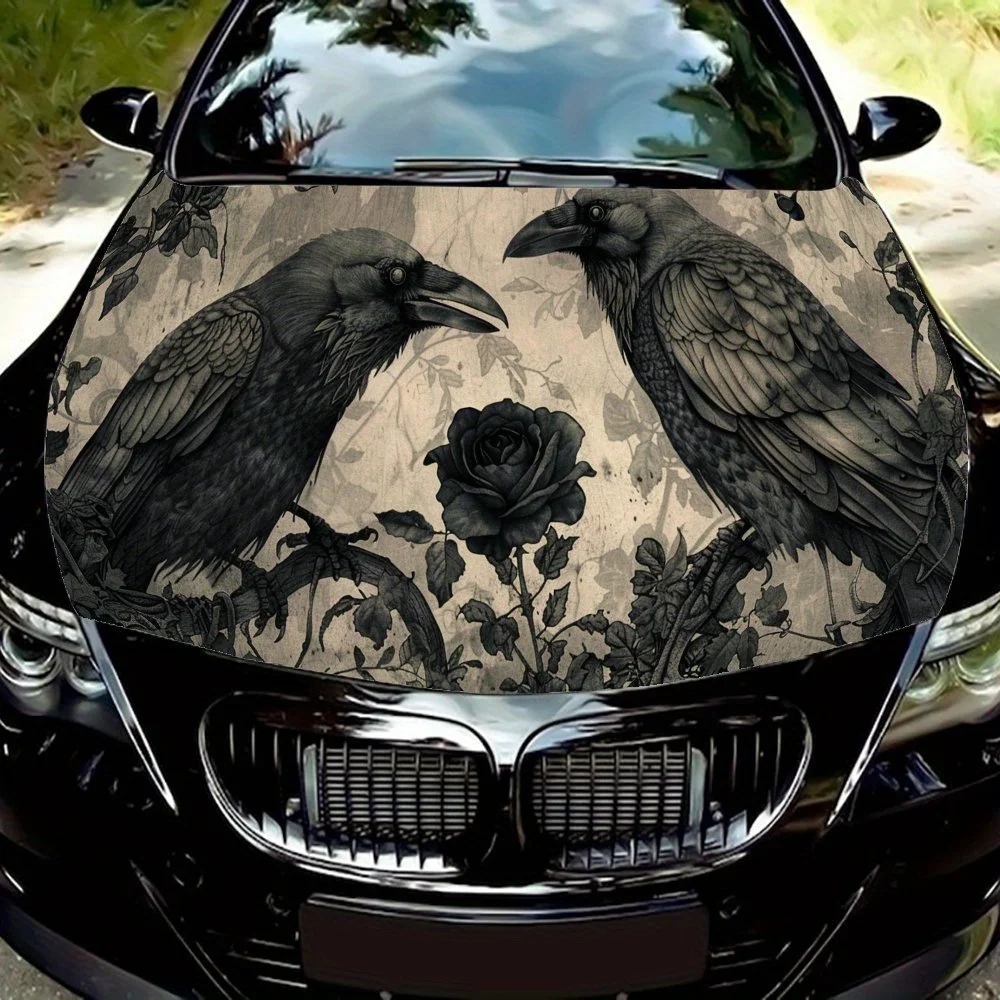 Dark Ravens Rose Car Hood Sticker PVC Self Waterproof Stick, Striking Auto Exterior Accessories Decor Protect Gift for Car Lover
