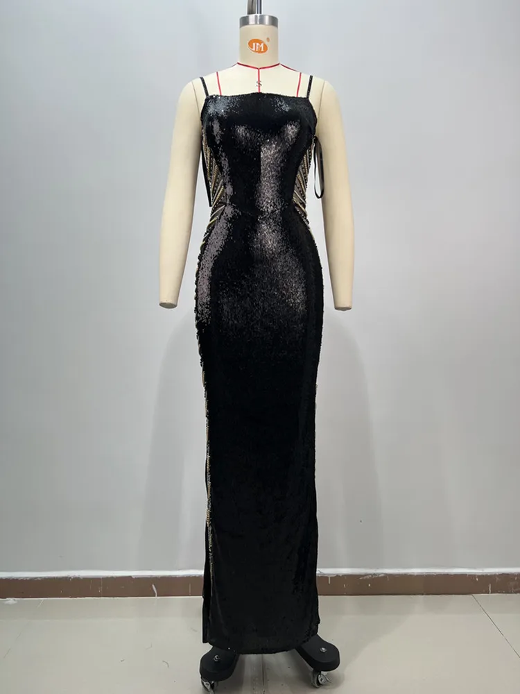 New Women Celebrity Sexy Backless Mesh Chain Sequins Black Maxi Long Gowns Dress 2024 Elegant Evening Party Club Vestido