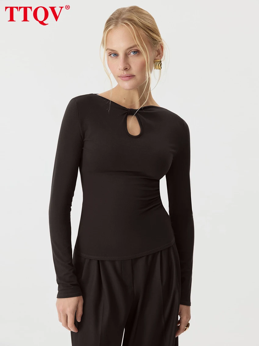

TTQV Bodycon Brown Knitted Women's T-Shirt 2026 Sexy O-Neck Long Sleeve Lady T Shirts Elegant Hollow Out Top Female Clothing