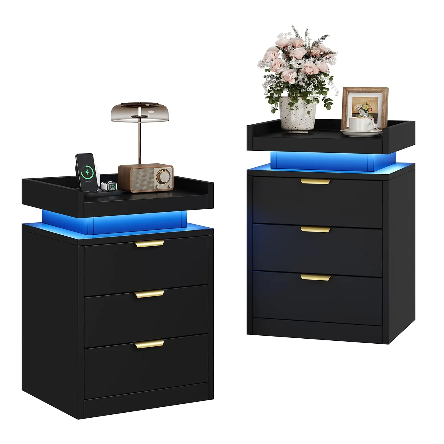 Modern Black 3-Drawer Nightstand With Built-In LED Lighting And Wireless Charging Pad, Glossy Finish Bedroom Side Table