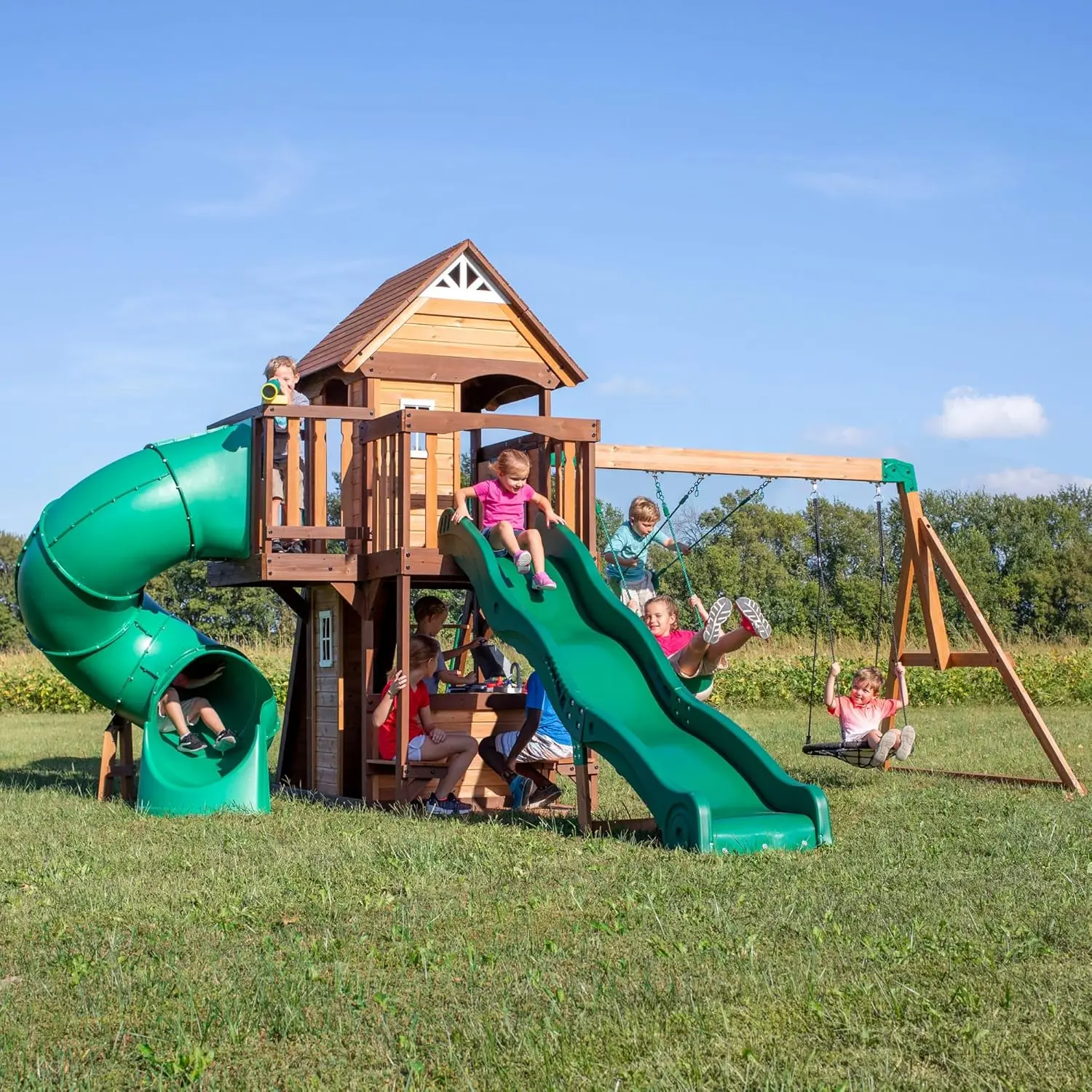 Cedar Cove Wood Swing Set, Playground Fort, Chalkboard, Telescope, Dual Slide, Kitchenette, Wide Swing Lanes