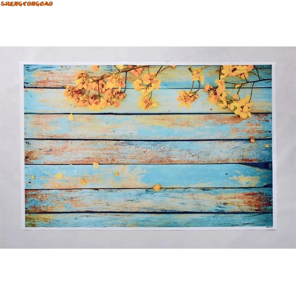Flower Wooden Food Subject Backdrop for Photo Shoot Blue Wood Board Product Photo Background Spring Floral Shooting Prop