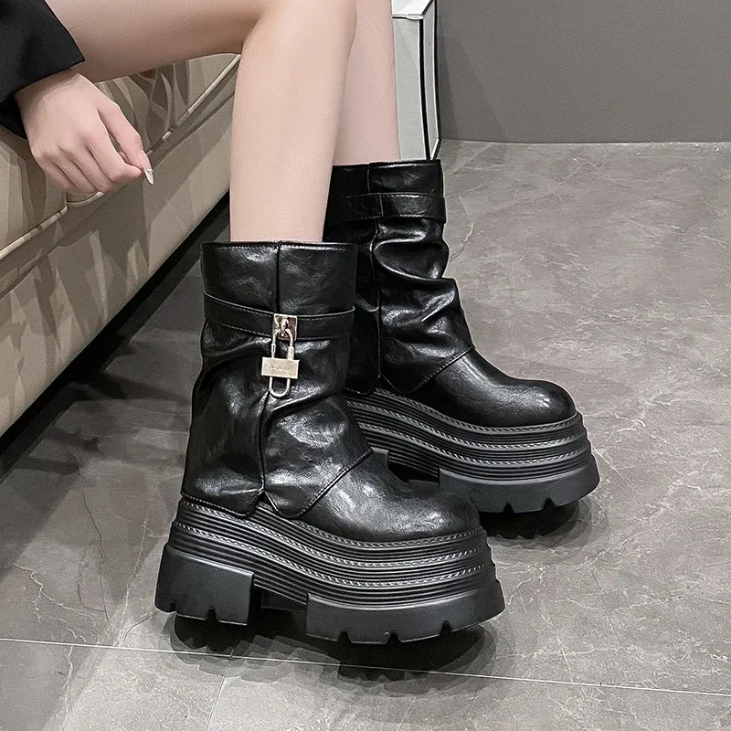 10CM Heels Women's Autumn Winter Leather Ankle Boots Chunky Platform Combat Boots New Non Slip Motorcycle Shoes Woman Punk Boots