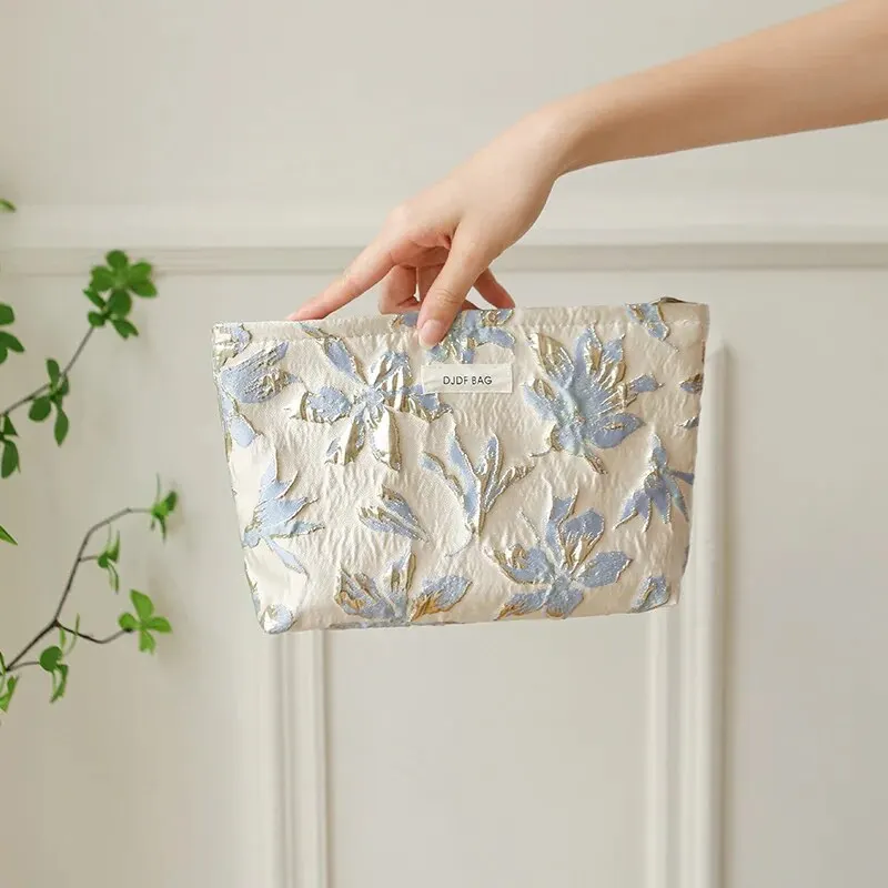 Women\'s Makeup Bag Blue Gold Flower Large Capacity Lipstick Air Cushion Sanitary Napkin Storage Bag Portable Canvas Clutch Bag