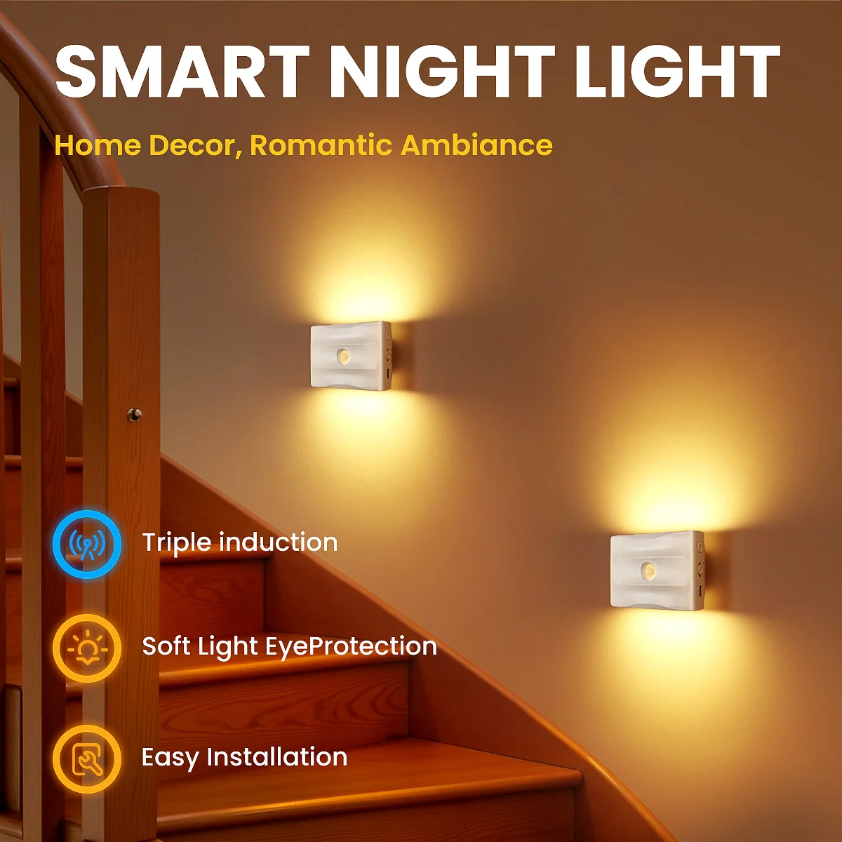 

2 комплекта ночника с датчиком движения, 3 режима освещения, аккумулятор емкостью 1500 мАч, автоматическое включение/выключение, перезаряжаемая теплая белая лампа для шкафа