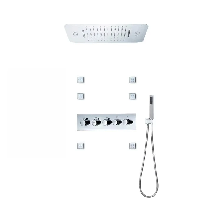 Ceiling 58*38cm LED Shower Head Brass Thermostatic Main Body Bathroom Chrome Rain and Waterfall Shower Faucet Set