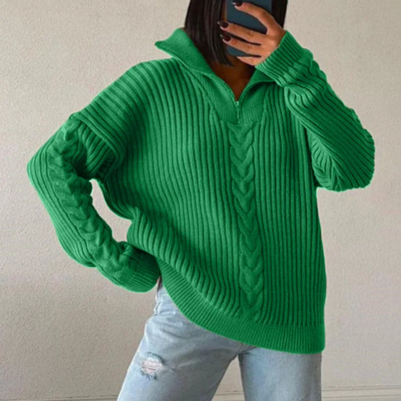 Maglione ritorto da donna, risvolto, collo alto, lavorato a maglia, cerniera, spalla verde, moda goccia, autunno, inverno