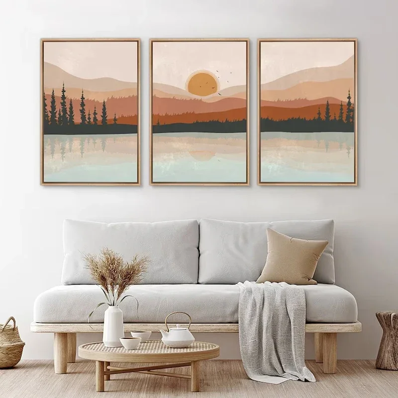 Large-sized frameless 3pcs  Wall Art Set of 3 Poster Sunset Forest Landscape Painting Abstract Illustrations Modern Art Minim