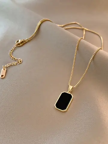 DIEYURO 316L Stainless Steel Minimalist Rectangular Pendant Korean Black Epoxy Women's Gold Necklace Exquisite Long Jewelry Gift