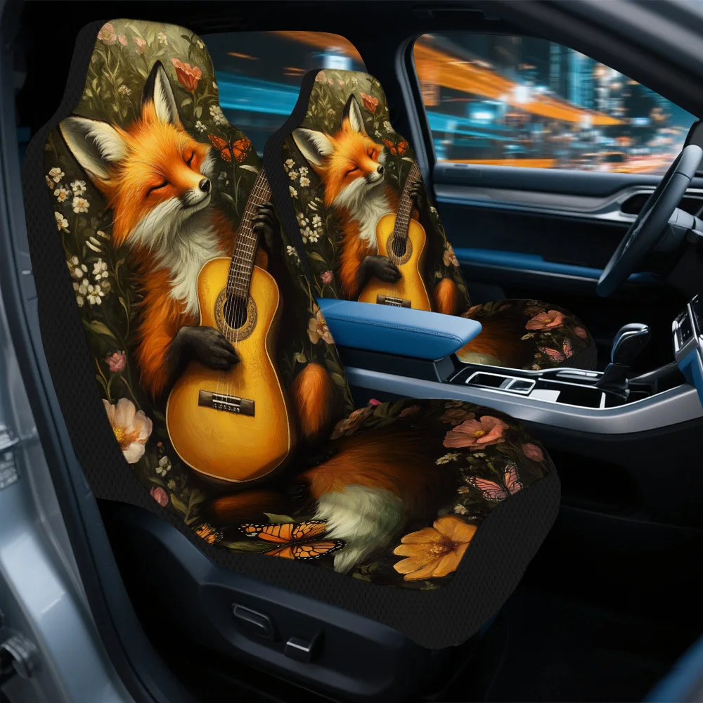 2pcs Fox Playing Guitar Print Car Seat Covers – Universal Front Seat Protectors For Cars, SUVs & Sedans, Durable Design, Easy To