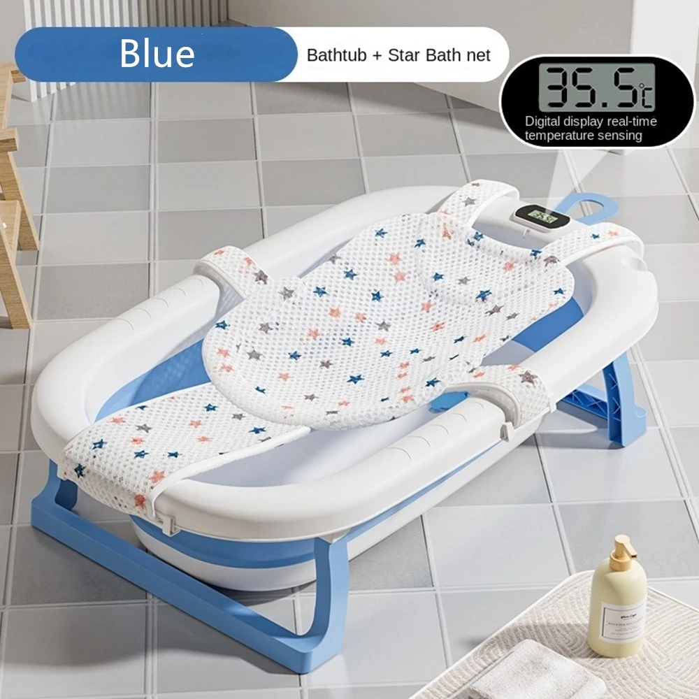 

Baby Bathtub, Collapsible Newborn Bathtub for Infant to Toddler 0-24 Months with Soft Cushion and Thermometer Portable Travel