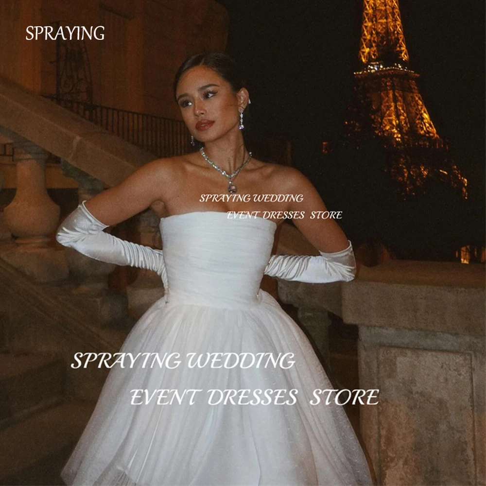 

SPRAYING Simple A Line Short Tulle Wedding Dresses Strapless Mini Bridal Gowns Gloves Formal Party Dress Robe de mariage